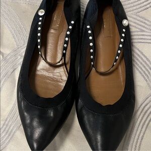 Aquazzura Black Pointed Ballet Flats with Pearl-Stud Strap